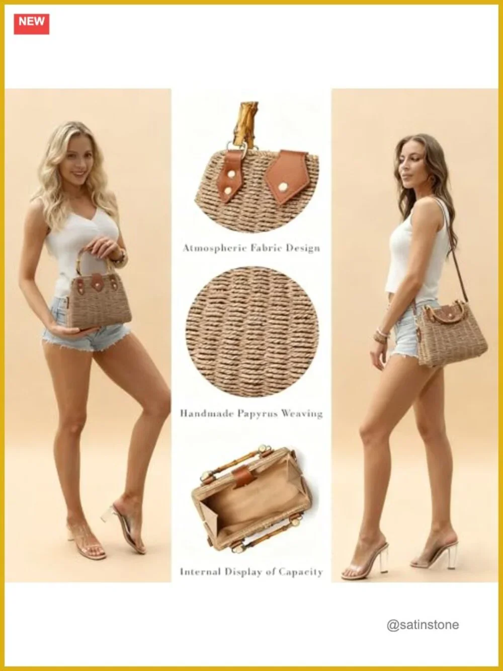 Handwoven Straw Crossbody Bag Summer Boho Beach Purse With Magnetic Closure - Picture 4 of 7